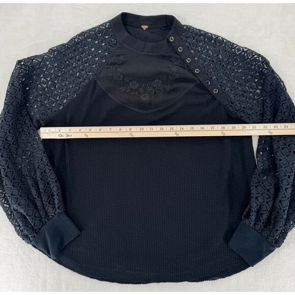 Free People Black Embroidered Lace Top Waffle Knit Shirt M Victorian Goth - Picture 6 of 7